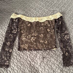 Motel Rocks Brown and Cream Lace Off-Shoulder Blouse